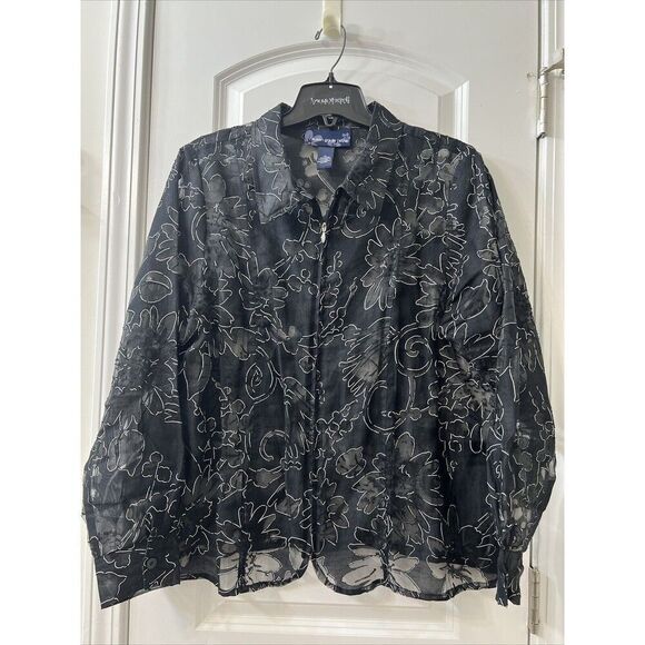 Susan Graver Women's Size‎ XL Floral Black Sheer Full Zip Jacket Blouse - Picture 1 of 5